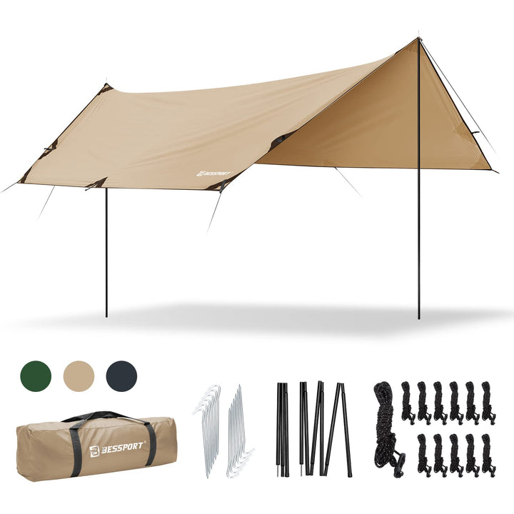 Bessport Tarp, Zeltplane Wasserdicht, 3x4.6m Mit Stützstange, Erdnägeln und Nylonschnur, Ultraleicht