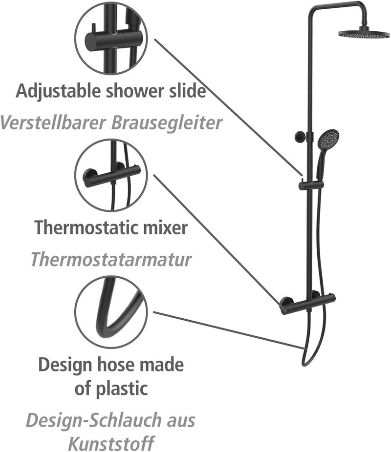 WENKO Duschsystem Young Eco, mit Thermostat-Armatur und 2 Watersaving Regulatoren, Regenduschkopf Ø2