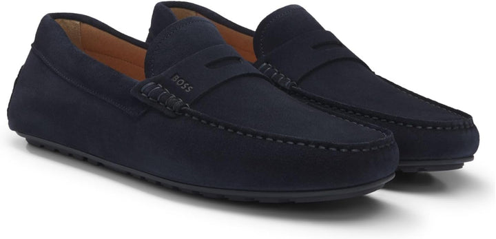 BOSS Herren Noel Mocc Mokassins aus Veloursleder mit Pennyloafer-Detail Grösse 39 EU Dunkelblau, 39