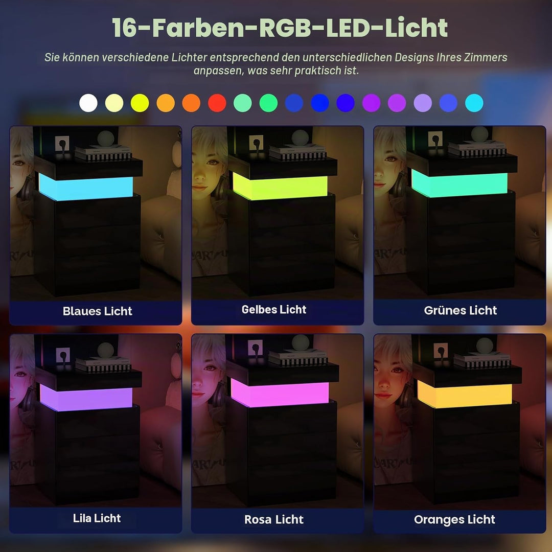 PIPIPOXER Nachttisch mit LED Licht und Steckdose, Beistelltisch in Schwarz aus Hochglanz Brett mit S
