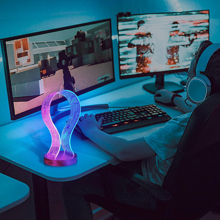 Ammonite Kopfhörerständer - Walnussholz Gaming Schreibtisch Accessoire mit LED-Leuchten, USB-Strom &