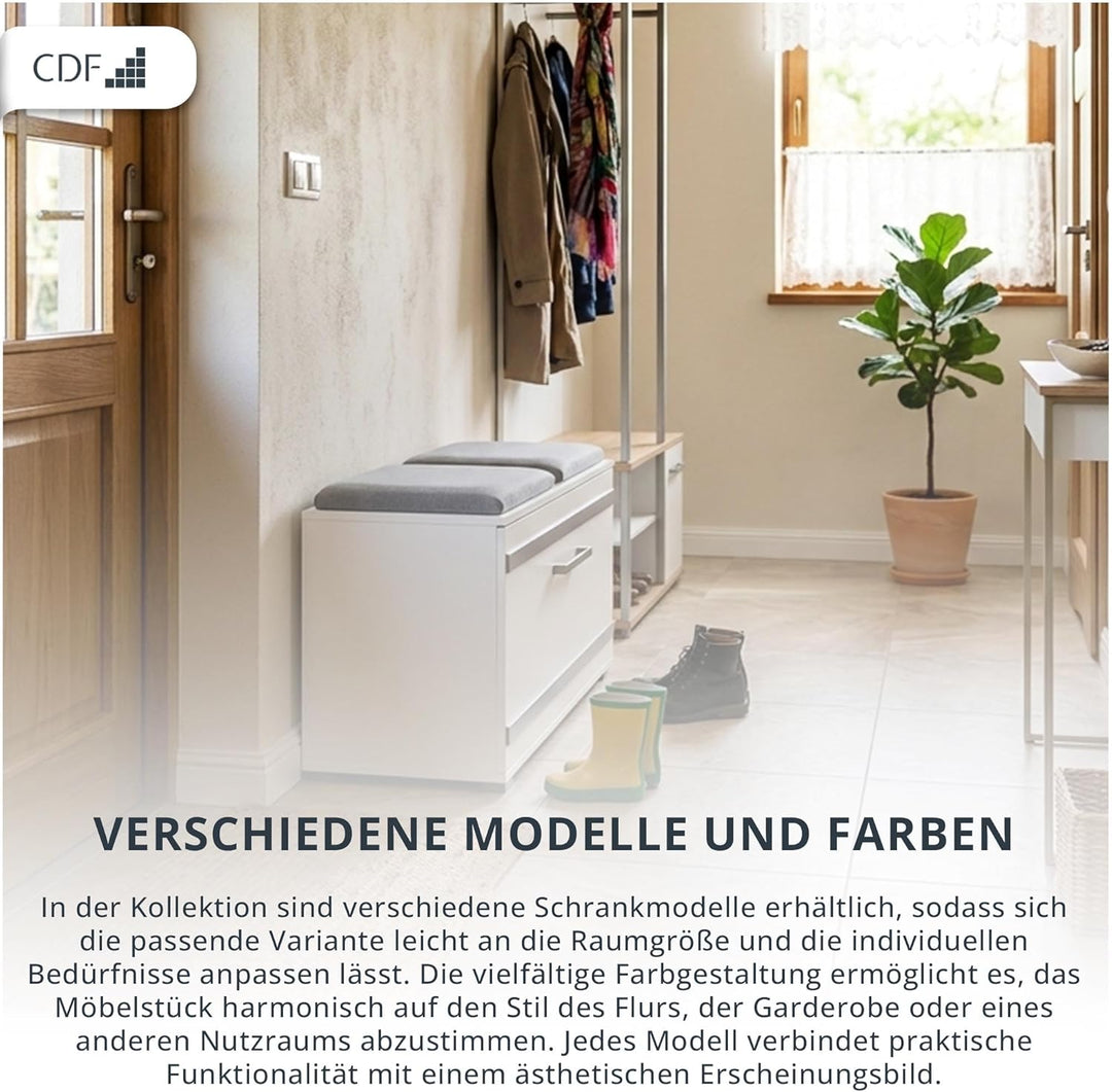 CDF Schuhschrank Opal | Farbe: weiss | Ideal für Diele, Flur, Büro | Schuhaufbewahrung | bequemer Si