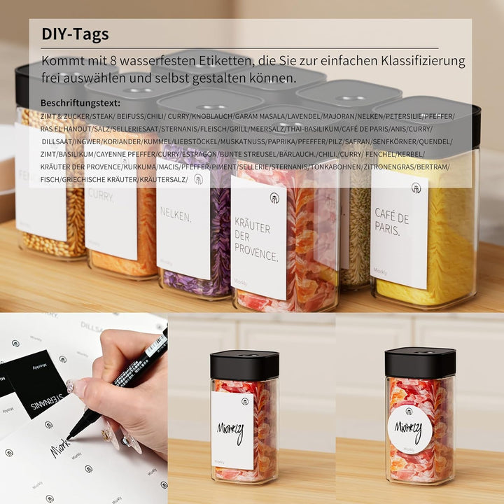 Miorkly Gewürzgläser Eckig - 6er Set mit Schwarz Edelstahl Drehdeckel, 120ML Gewürzstreuer Set mit S