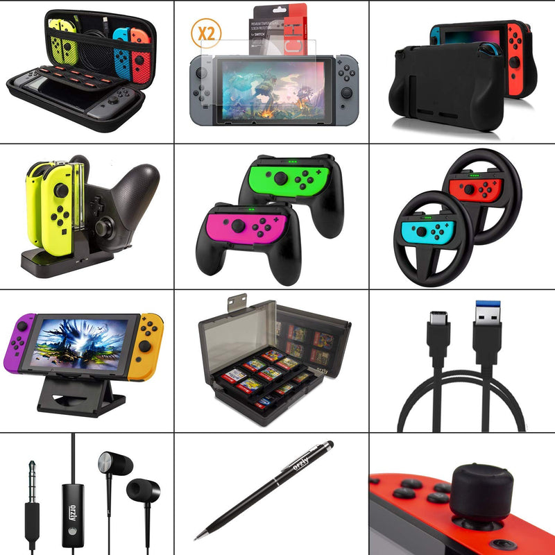 Orzly Switch Accessories Bundle Geek Pack for Nintendo Switch: Case & Screen Protector, Joycon Grips