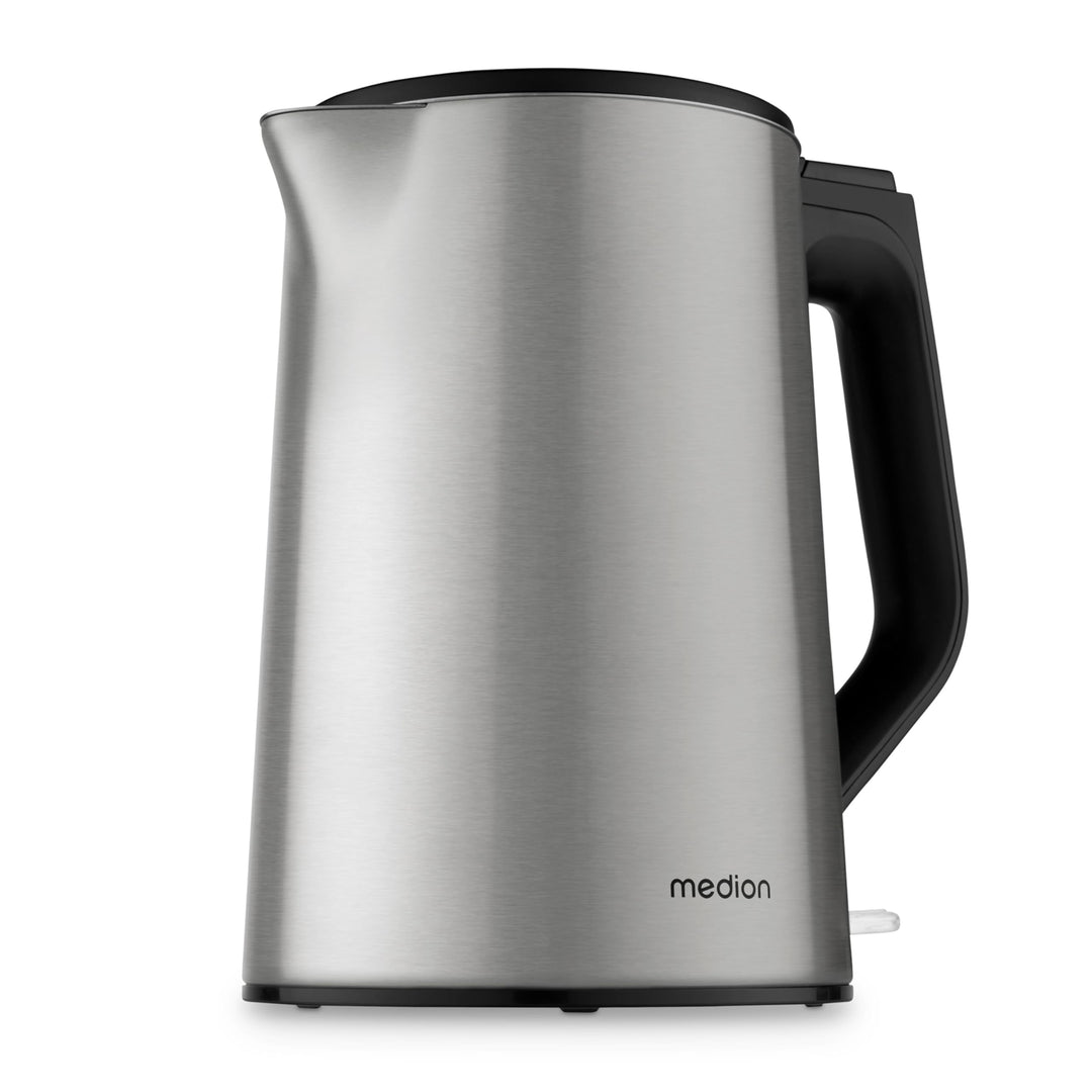 MEDION Wasserkocher Edelstahl (1,5 Liter, 2.200 Watt, 360° Basis, Warmhaltefunktion, LED Betriebsanz