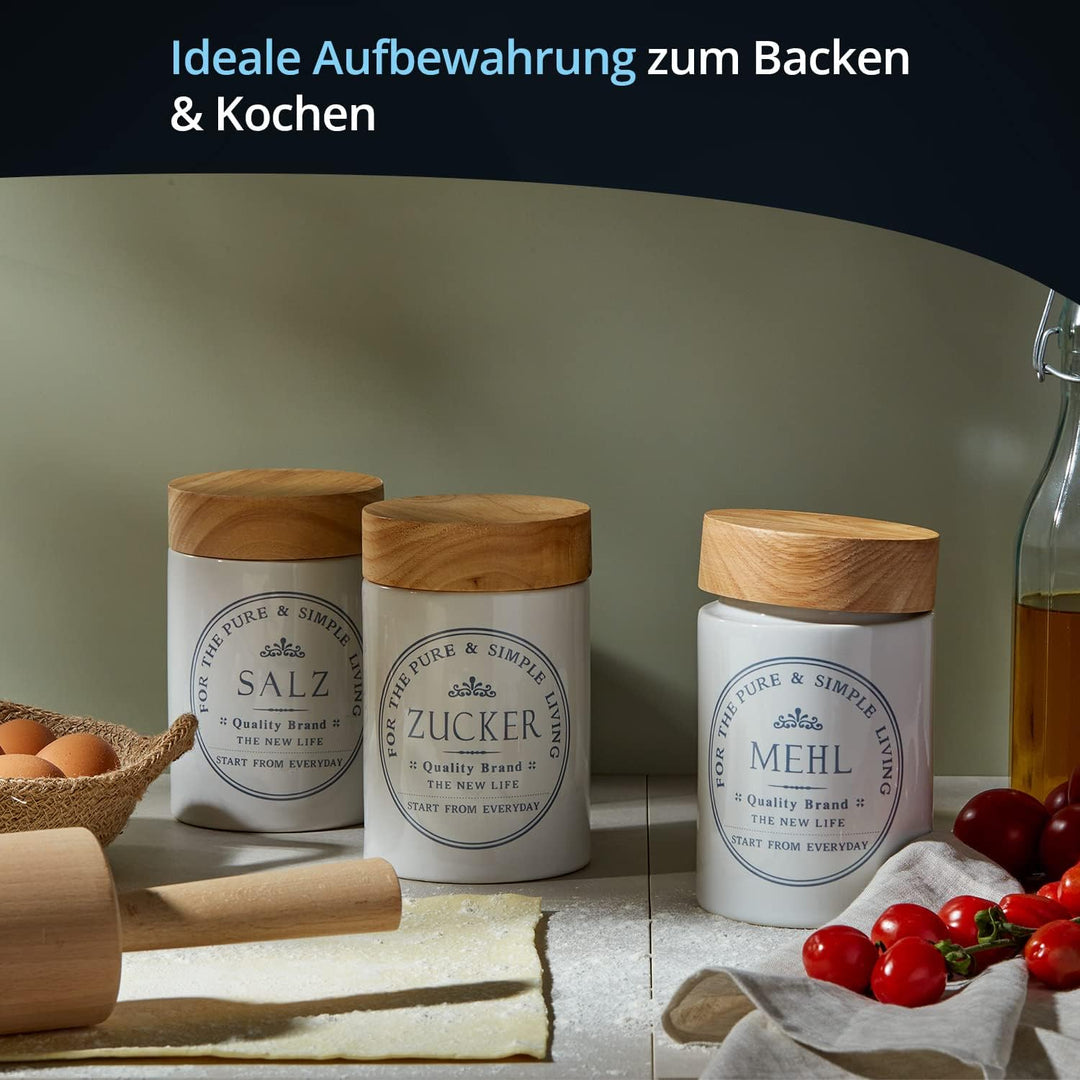 KHG Mehldose luftdicht, Mehl Aufbewahrung Keramik Steingut Weiss Holzdeckel Bambus, Kapazität 500g,