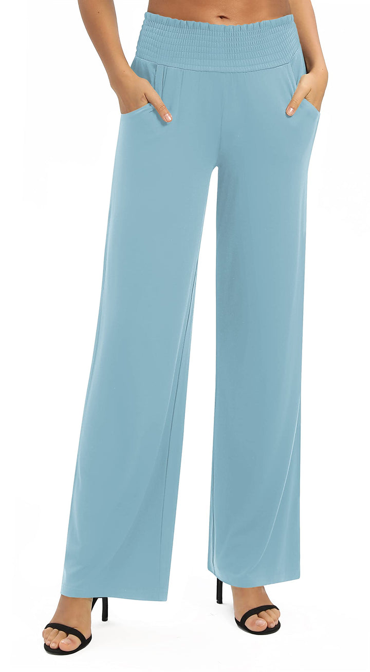 EXCHIC Damen Einfarbig Lose Gerade Geschnitten Palazzo Hose Hohe Taille Dehnbar Lounge Hose mit Tasc