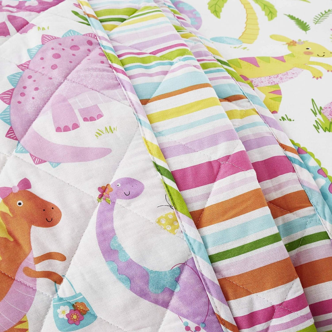 Happy Linen Company Mädchen Tagesdecke - Dinosaurier-Motive - wendbar - Rosa & Weiss