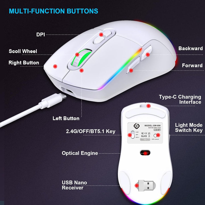 Kabellose Gaming Maus, Dual Mode 2.4GHz/Bluetooth 5.1 Maus Gaming, RGB LED Hintergrundbeleuchtung, E