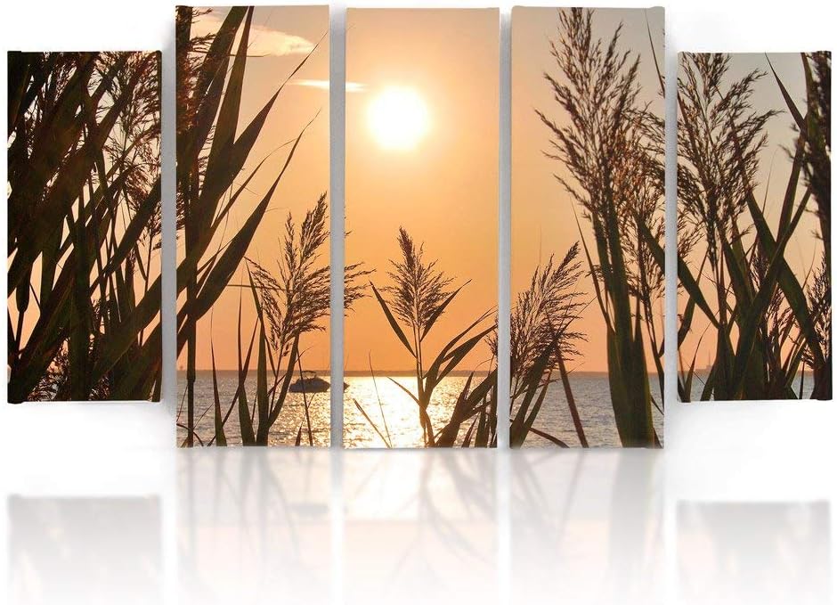 Feeby Frames, Leinwandbild Bilder Wand Bild - 5 Teile - Wandbilder Kunstdruck (SONNENUNTERGANG, GOLD