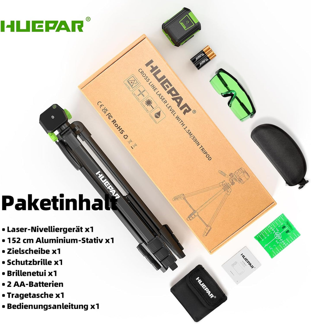Huepar Kreuzlinienlaser mit 152 cm Stativ, 30 m Laser Wasserwaage Selbstnivellierendend, Linienlaser