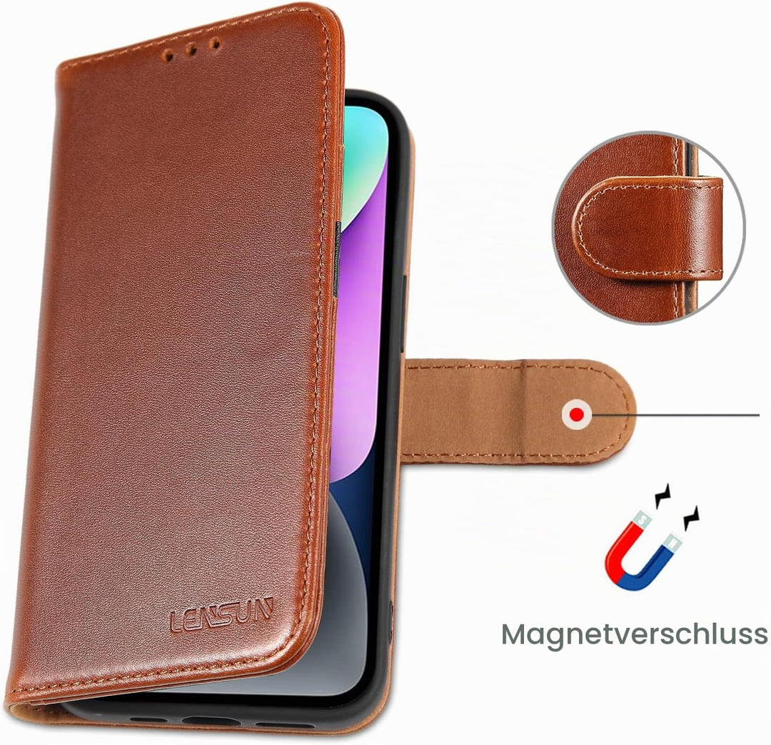 LENSUN Echtleder Hülle für iPhone 14, Leder Handyhülle [Kartenfach][Magnetverschluss][RFID Schutz] H