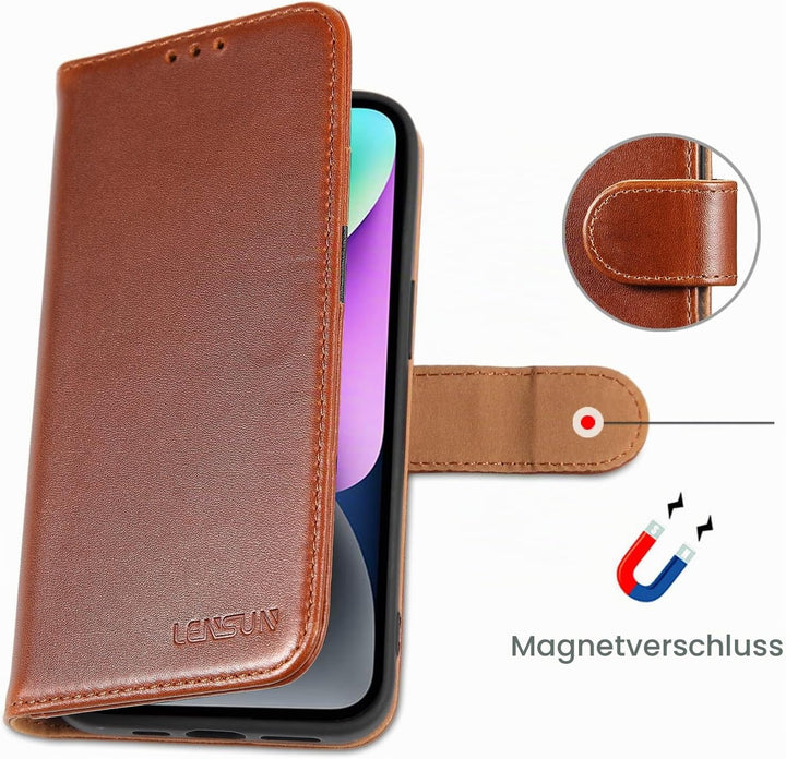 LENSUN Echtleder Hülle für iPhone 14, Leder Handyhülle [Kartenfach][Magnetverschluss][RFID Schutz] H