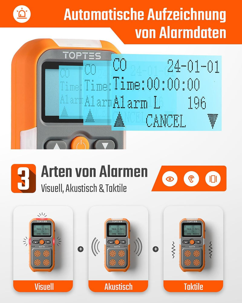 TopTes Guard-101 Gasmelder, 4 Gasmelder Für H2S, CO, LEL Und O2, Mit Vibration, Licht- Und Tonalarm,