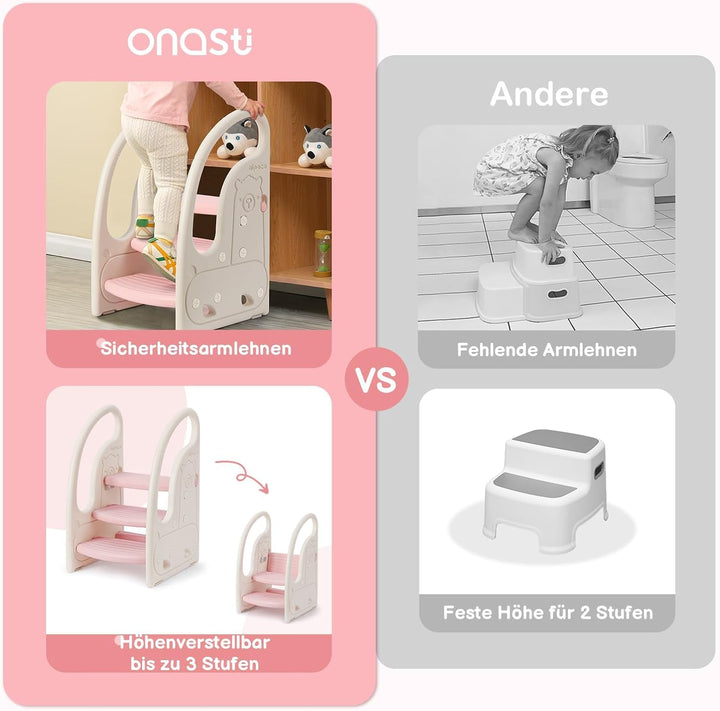 Onasti Tritthocker für Kinder, Dreistufiger Höhenverstellbar Tritt-Schemel Kinderschemel für Baby, B