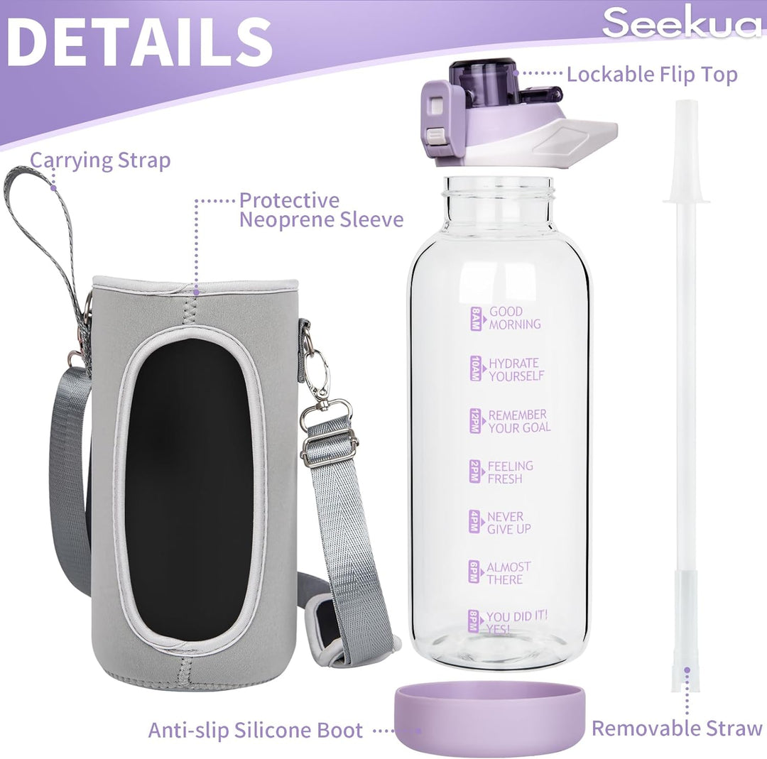 Seekua 1.5 liter Sport Trinkflasche Glas Flasche mit Strohhalm & Zeitmarkierung auslaufsicher bpa fr