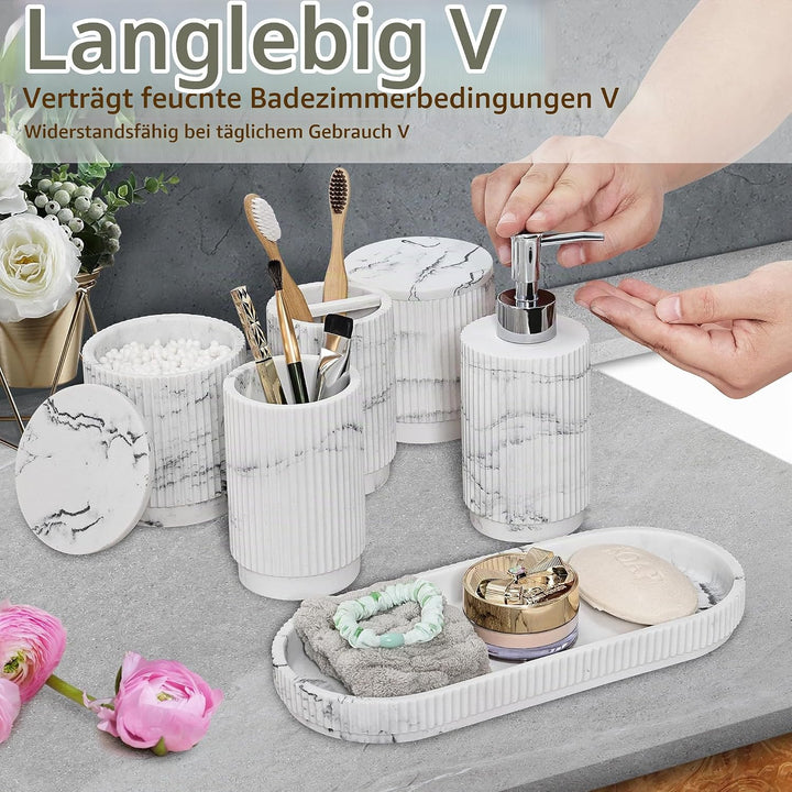 Badezimmer Set 6-TLG | Seifenspender + Zahnputzbecher mit Tablett &amp; Wattestäbchenbox | Design Streif