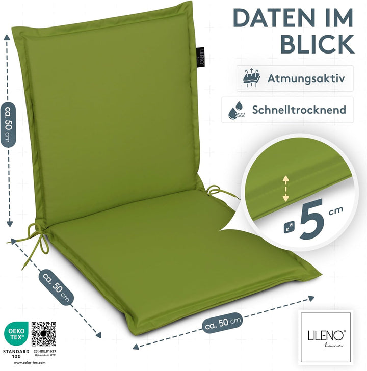 LILENO HOME Gartenstuhl Auflagen [2er Set - Niedriglehner] in Apfelgrün - Bequeme Liegen als Sitzauf