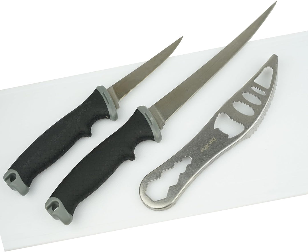 Fischfilet-Set – 4-teilig – Fischmesser – Filetiermesser – Entkalker und Schneidebrett mit Edelstahl