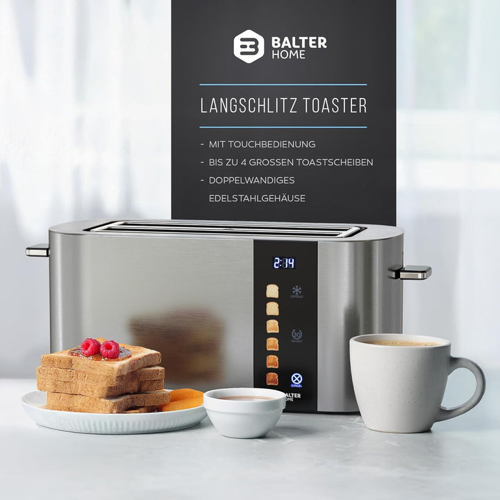 Balter Toaster 4 Scheiben, Touch Bedienung, Langschlitz, Edelstahl, Brötchenaufsatz, LCD Display Lan