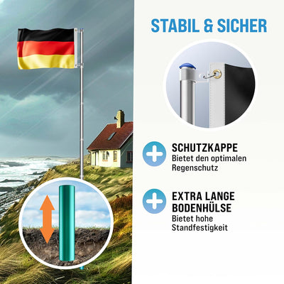 Monzana Aluminium Teleskop Fahnenmast 6,30m Bodenhülse 60cm inkl Deutschlandfahne Flaggenmast Mast F