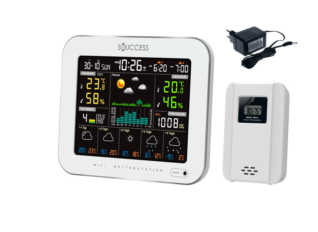 SOUCCESS Smarte Wetterstation Deluxe weiss mit Aussensensor – WiFi Funkwetterstation mit Tuya Smart