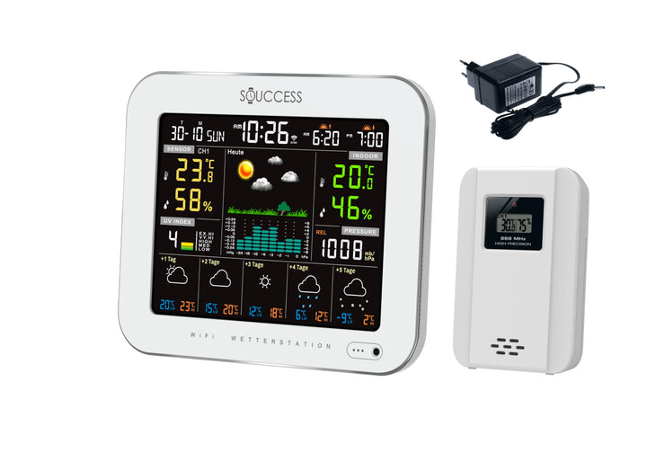 SOUCCESS Smarte Wetterstation Deluxe weiss mit Aussensensor – WiFi Funkwetterstation mit Tuya Smart