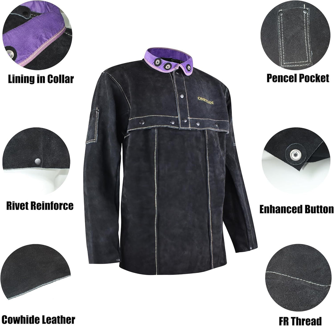 ONETIAN Schwarze Schweisserjacke aus Leder - Hochwertige Schutzjacke mit Cape-Ärmeln für ultimativen