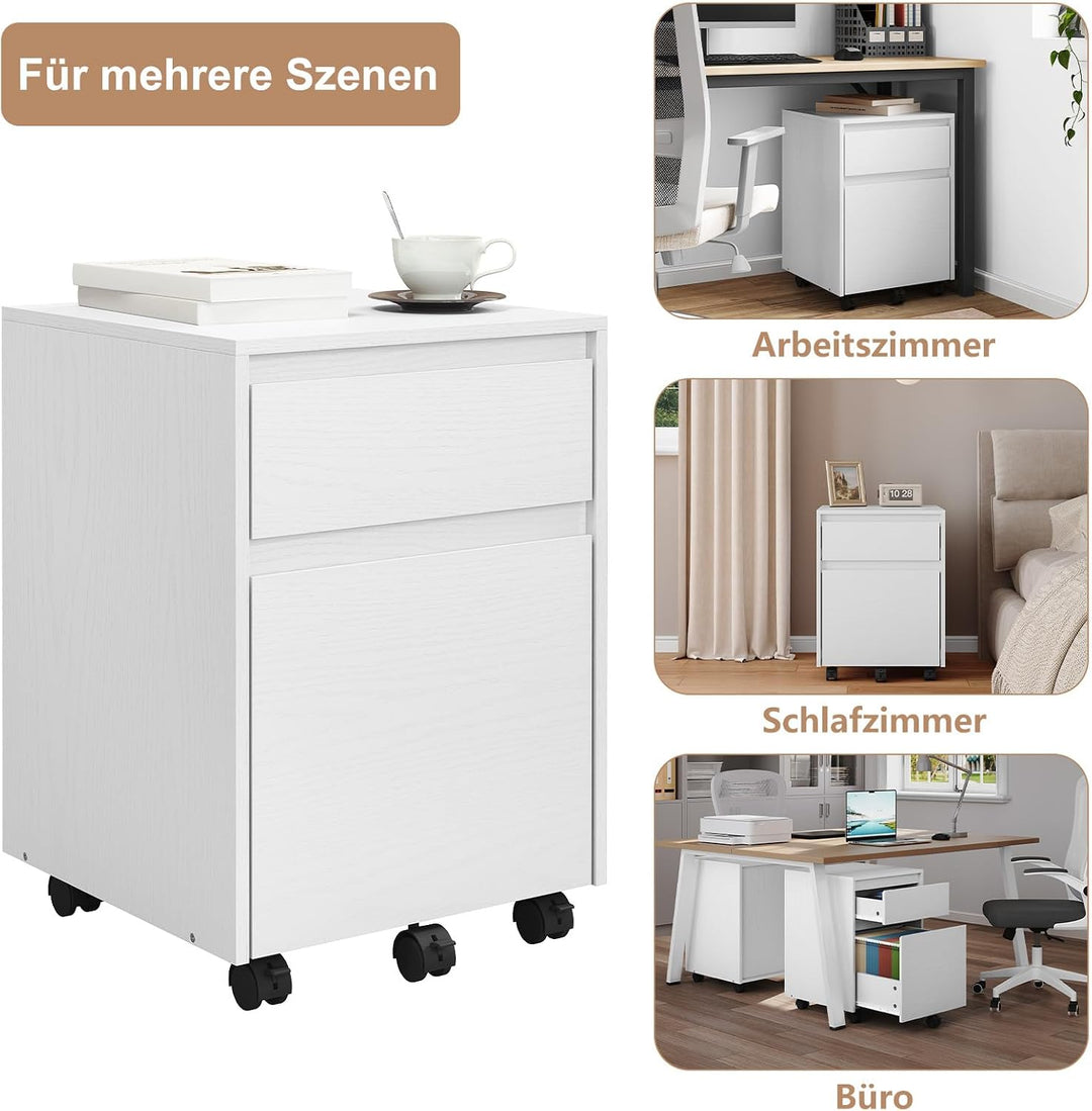WOLTU Rollcontainer, Aktenschrank mit 2 Schubladen, mobiler Büroschrank Weiss 40x56x40 cm, Weiss 40x