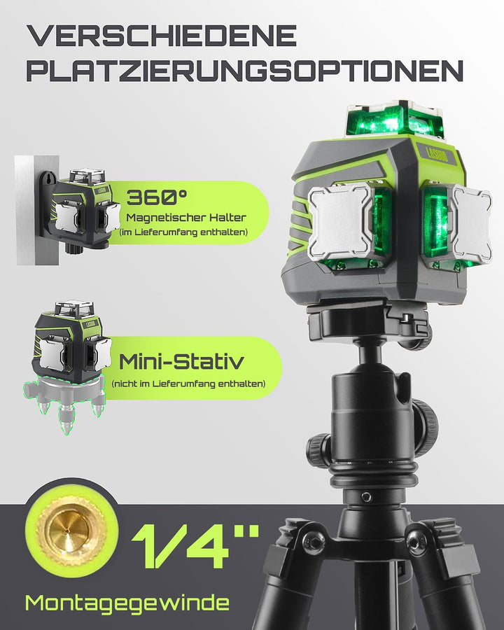 LasGoo Kreuzlinienlaser Selbstnivellierend 3 x 360°, Grüne 3D Laser-Wasserwaage für Konstruktion und