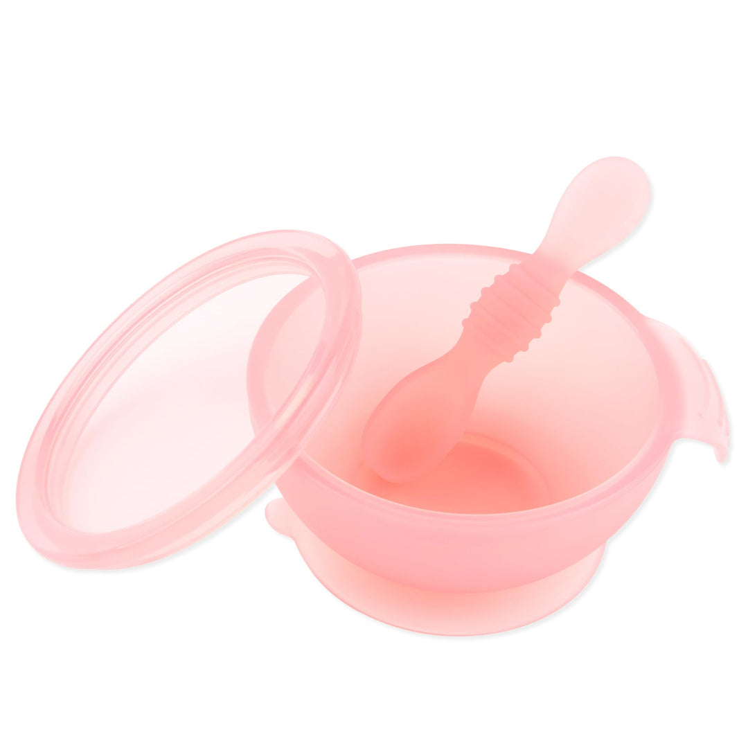 Bumkins - Erstes Baby Fütterungsset aus Silikon mit Saugnapf, Deckel und Löffel, Rosa Jelly, BPA-fre
