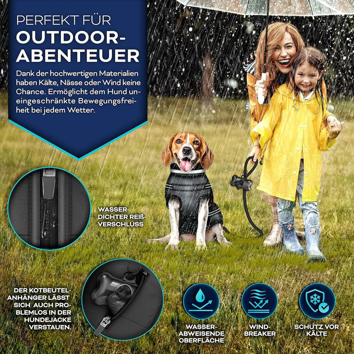 TRESKO® Hundejacke Winter mit Reflektoren inkl. 15 Stück Kotbeutel + Spender | Hunderegenmantel wass