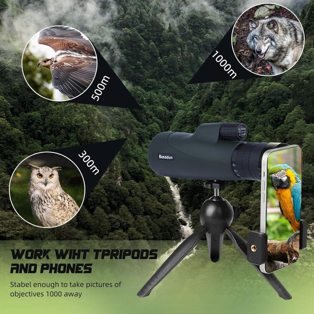 10-30x50 Zoom-Monokular-Teleskop mit Stativ Tragetasche Handschlaufe Telefonadapter - BAK4 Prisma &