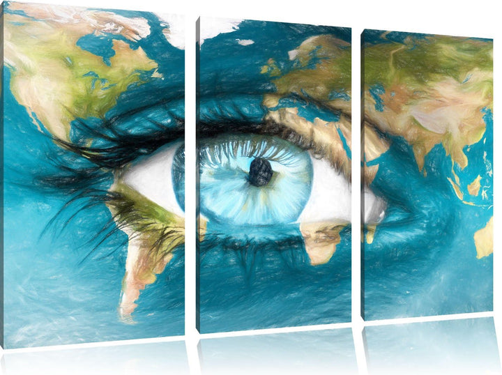 Pixxprint Die Erde gezeichnet auf EIN Gesicht Bunstift Effekt 3-Teiler Leinwandbild 120x80 Bild auf