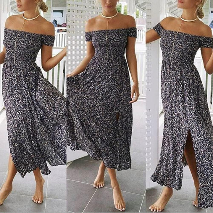Coloody Sommerkleid Damen Lang Off Shoulder Maxikleider für Damen Blumenrock Schlitz Kleider Strandm
