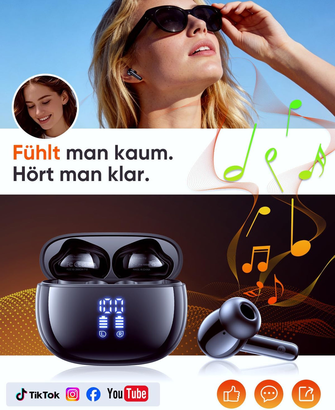 ZIUTY Bluetooth 5.3 Kopfhörer Kabellos, In Ear Bluetooth Kopfhörer mit 4 ENC Mikrofonen, 48 Std Spie