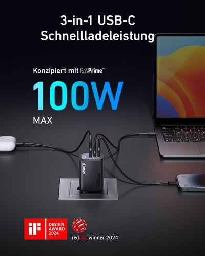 100W USB-C Ladegerät, Anker Prime GaN Netzteil, 3-Port PPS Schnellladegerät, Kleines klappbares Desi