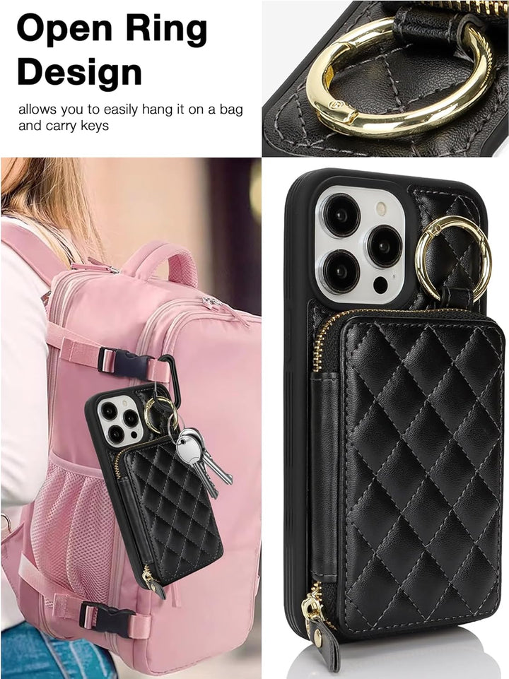 ELTEKER Handyhülle für iPhone 14 Pro Hülle mit Band Verstellbarem Schultergurt, Reissverschluss Geld