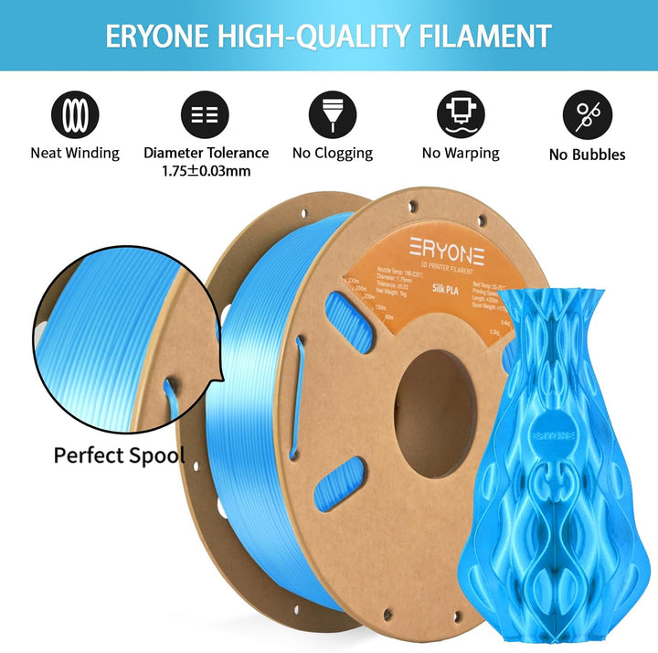ERYONE Silk PLA Filament 1.75 mm, 3D-Drucker Filament PLA, 0,03 mm, 1 kg/Spule, Silk Blau