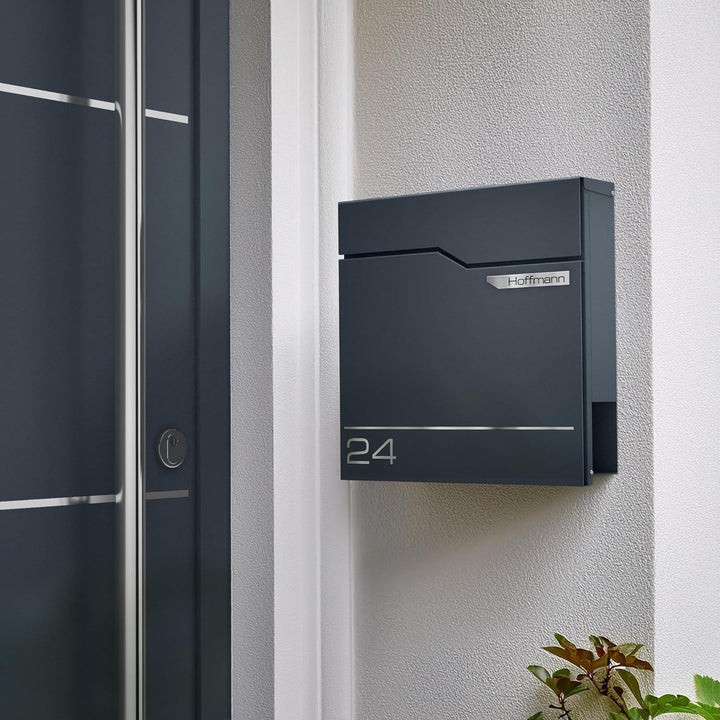 Metzler Exklusiver Briefkasten in Anthrazit RAL 7016 Hoffmann - Wandbriefkasten mit V2A Edelstahl-Na