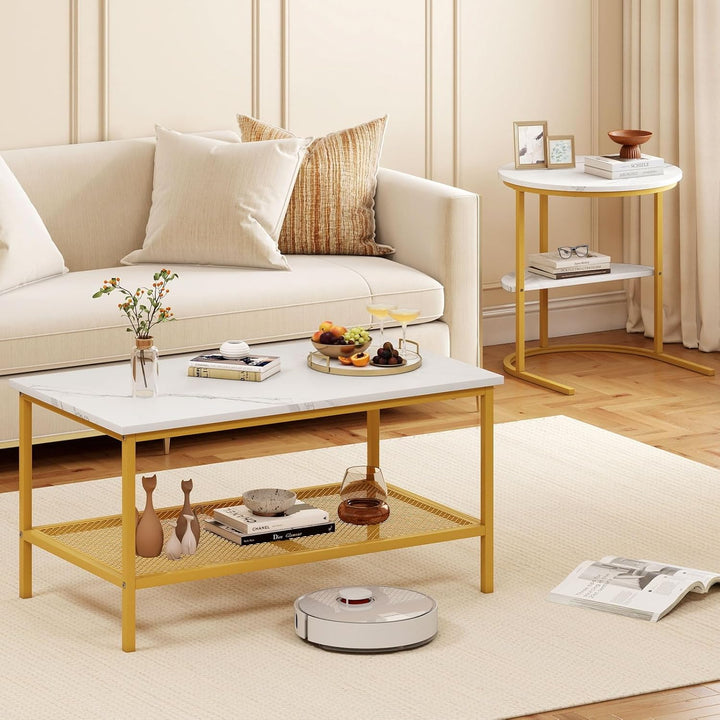 COSTWAY 2er Set Couchtisch, Beistelltisch Marmor Optik mit Metallrahmen & Ablage, Kaffeetisch Wohnzi
