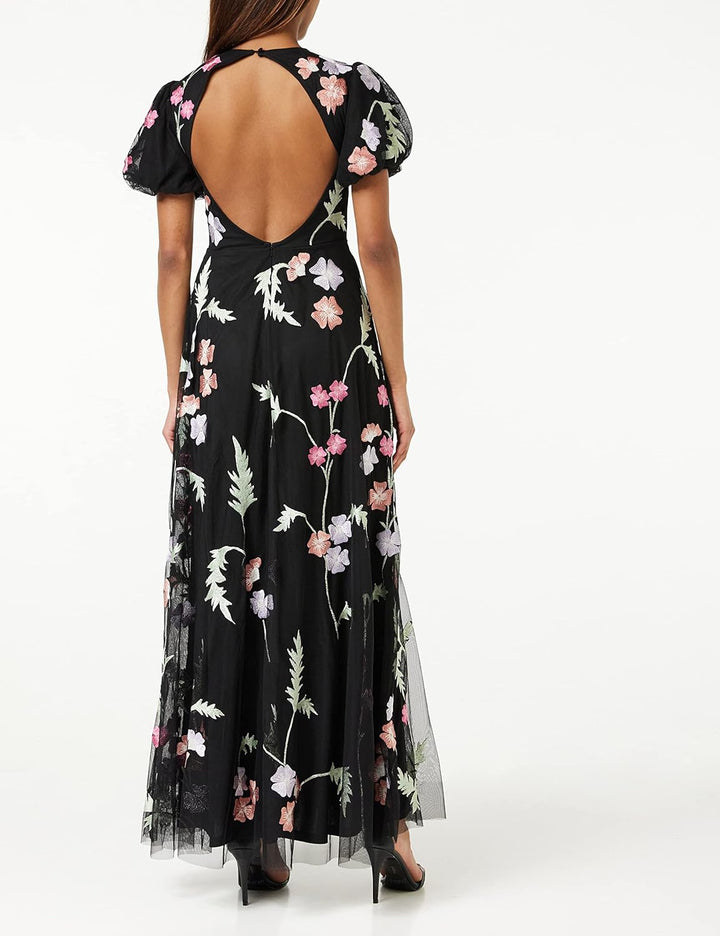 Maya Deluxe Damen Womens Maxi Ladies Floral Embroidered Open Back Puff Sleeves Dress for Wedding Gue