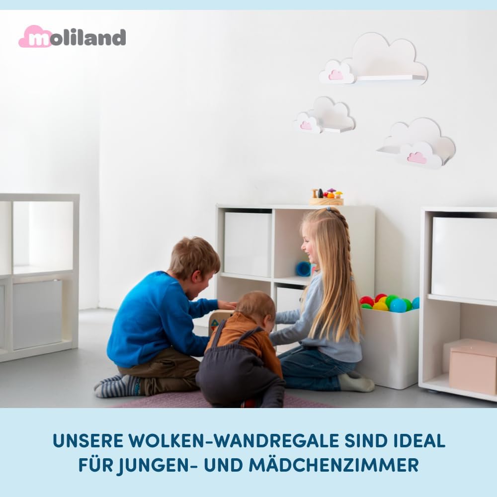 3er Set Wandregal Kinderzimmer Weiss | Babyzimmer Wolkenregal für Bücher, Spielzeug, Dekoration | Re