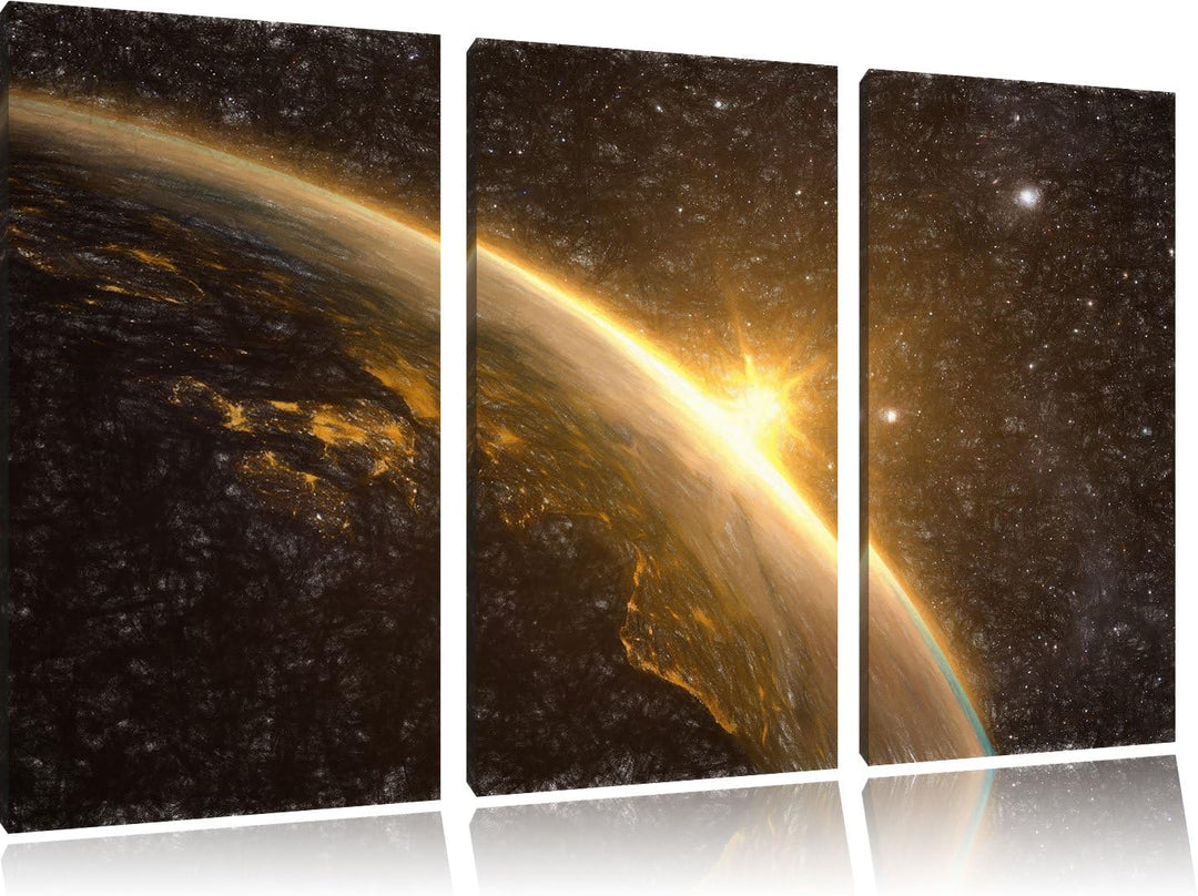 Pixxprint Die Sonne und Erde im Weltall Kunst Buntstift Effekt 3-Teiler Leinwandbild 120x80 Bild auf