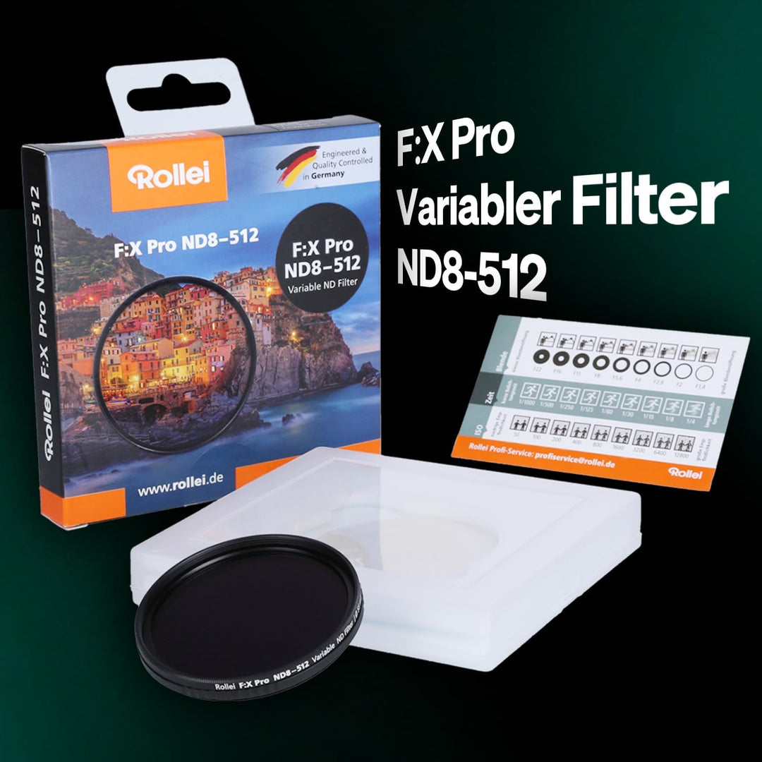 Rollei Variabler ND Filter, F:X Pro Variabler Rundfilter - ND8 bis ND 512 aus Gorilla® Glas mit 3-9