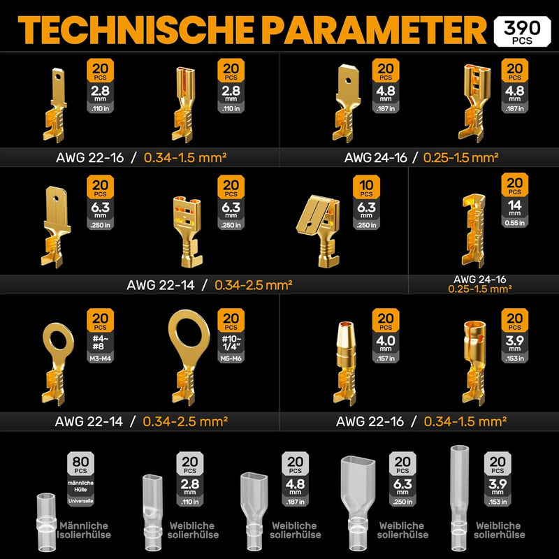 Crimpzange Flachsteckhülsen Set Crimpwerkzeug kabelschuhe mit 240 stück Spade Flachstecker für 0.25-