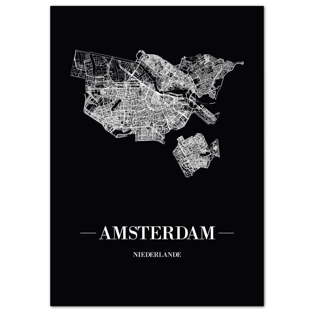 JUNIWORDS Stadtposter, Amsterdam, Wähle eine Grösse, 60 x 90 cm, Poster, Schrift A, Schwarz 60 x 90