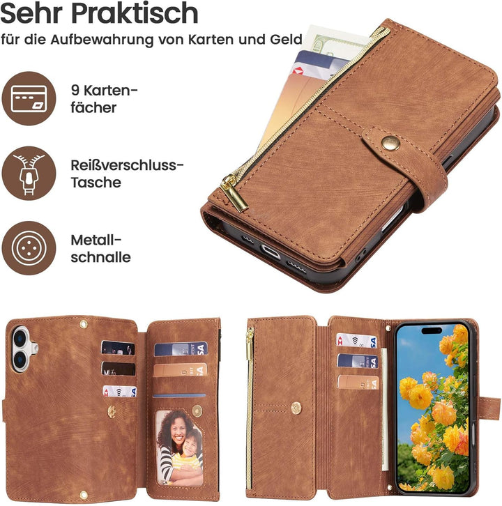 ZCDAYE Hülle für iPhone 16 mit Band Handykette, Leder iPhone 16 Handyhülle Handytasche mit Kartenfäc