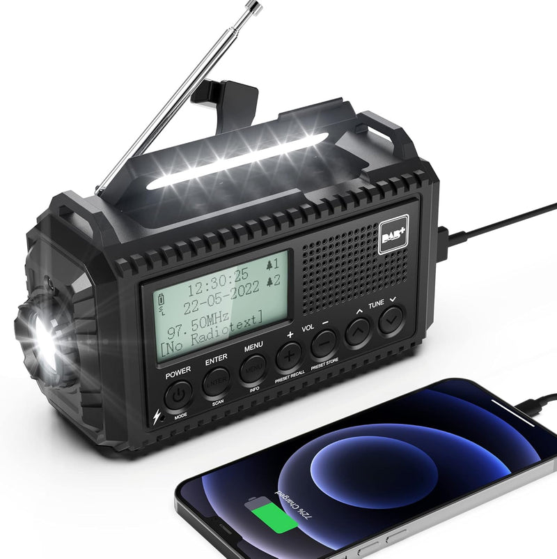 Kurbelradio DAB/UKW, Tragbare Solar Radio mit LED Taschenlampe & Leselicht, DAB+/FM Dynamo Radio IPX