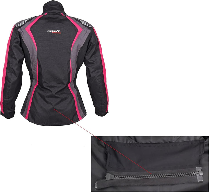 Damen Textil Motorradjacke mit CE Protektoren, gute Belüftung, taillierter Schnitt XS Black, Pink, G